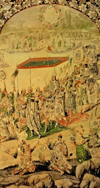 One of a pair of panels depicting the encounter between Hernando Cortes (1485-1547) and Montezuma (1466-1520): Montezuma and his followers, 1698 (oil on panel) by Miguel and Juan Gonzalez - print