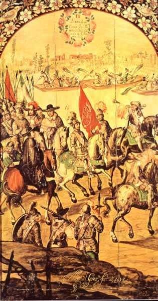 The encounter between Hernando Cortes (1485-1547) and Montezuma (1466-1520) 1698 (oil on panel) by Miguel and Juan Gonzalez - print