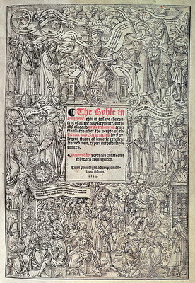 Titlepage introducing English translation of the Great Bible, translated from the Hebrew and Greek texts and printed by Richard Grafton and Edward Whitchurch, c.1539 (woodcut) by English School - print