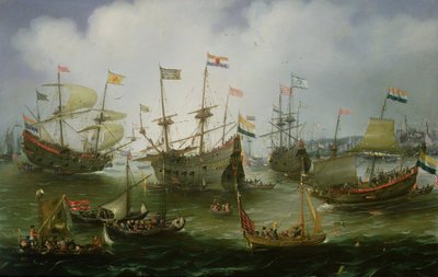 The Return to Amsterdam of the Second Expedition to the East Indies on 19th July 1599 (oil on copper) by Andries van Eertvelt - print