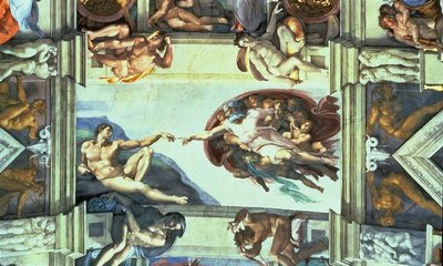 Sistine Chapel Ceiling: Creation of Adam, 1510 (fresco) (post restoration) by Michelangelo Buonarroti - print