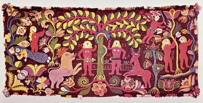 Fine Art Print of Carriage cushion cover depicting the Fall of Man, Creation of Eve and the Expulsion of Paradise, from Akarp, Skane, Sweden, c.1814 by Swedish School