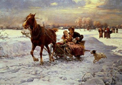 Lovers in a sleigh by Alfred von Wierusz-Kowalski - print