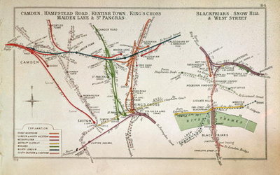 Transport map of London, c.1915 (colour litho) by English School - print