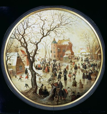 Winter Scene with Skaters near a Castle, c.1608-09 (oil on panel) by Hendrik Avercamp - print