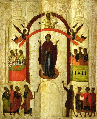 The Protection of the Theotokos (Mother of God) Russian icon from the Zverin Monastery, 1399 (tempera on panel) by Novgorod School - print