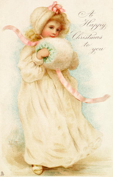 Christmas card depicting a girl with a muff (colour litho) by English School - print