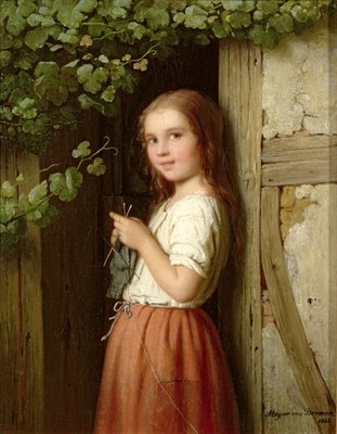 Young Girl Standing in a Doorway Knitting, 1863 (oil on canvas) by Meyer von Bremen - print