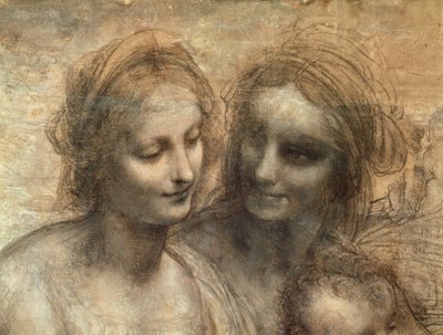 Detail of the Heads of the Virgin and St. Anne, from The Virgin and Child with SS. Anne and John the Baptist, c.1499 (charcoal on paper) by Leonardo da Vinci - print
