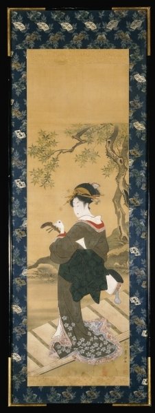 Fine Art Print of A full length portrait of a woman tuning her shamisen on a veranda by Utagawa Toyokuni