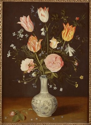 Fine Art Print of Tulips, roses, forget-me-nots and other flowers in a late Ming blue and white vase by Jan Brueghel