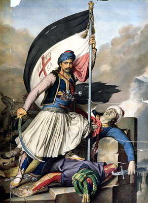 Fine Art Print of The Greek Rebellion, the standard bearer in Salona on Easter day 1821, litho by Lemercier for 'Voyage a Athenes', written and illustrated by Dupre, 1825 by Louis Dupre