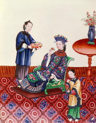 Fine Art Print of Elegant Chinese lady smelling a flower by Chinese School