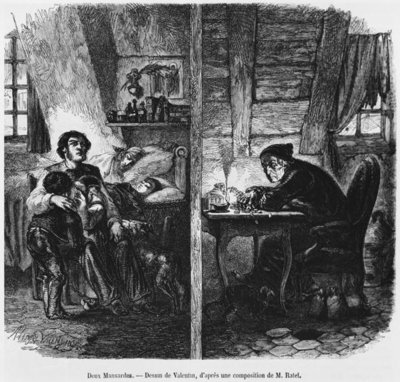Fine Art Print of Two garrets, illustration from 'Le Magasin Pittoresque', Paris, 1855 by Henry Augustin Valentin
