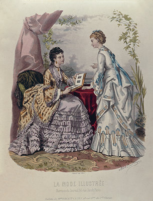 Fine Art Print of Fashion plate showing ladies in dresses designed by Mme Breant-Castel and looking at photo albums, 1872 by French School