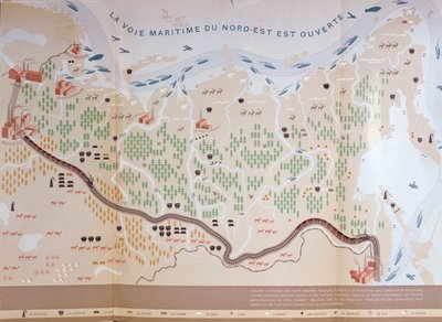 Fine Art Print of Map of Siberia showing the immense natural resources of the area and depicting a sea route which would open up trade, 1933 by French School