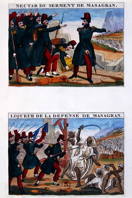 Fine Art Print of Liqueur bottle labels depicting the Battle of Masagran by French School