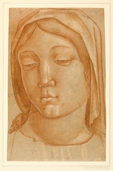 Fine Art Print of Head of the Virgin, with the fingers of a child's hand on her right shoulder, after Cosimo Tura by Italian School