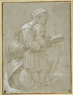 A woman seated on a chair reading, with a child standing by her side by Raphael - print