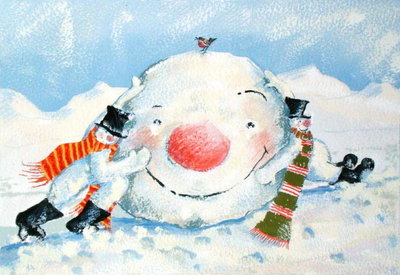 Building a Snowman (gouache on paper) by David Cooke - print