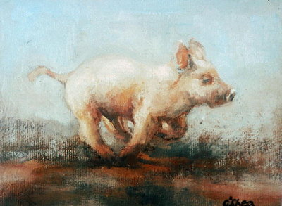 Running Piglet (oil on board) by Ellie O'Shea - print
