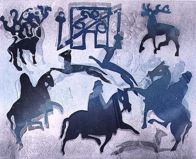 Pictish Hunting Scene III, 1995 (monotype) by Gloria Wallington - print