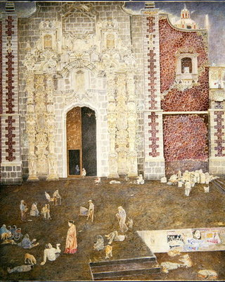 Running the gauntlet outside La Profesa, c.2001 (oil on canvas) by James Reeve - print