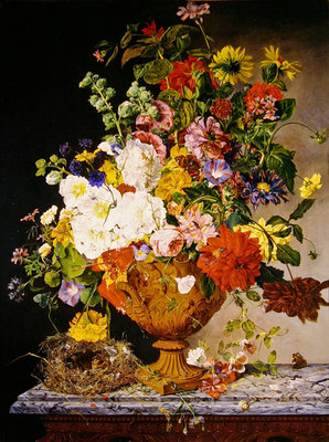 Fine Art Print of A sumptuous bouquet in a terracotta vase on a marble ledge by Emily Stannard