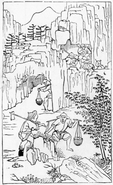 Fine Art Print of Mining for white clay, from a series of illustrations of the manufacture of china by Chinese School