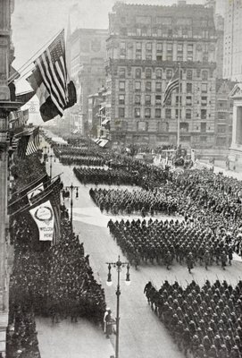 Fine Art Print of American troops marching down Fifth Avenue in New York on their return from Europe after the First World War, from 'L'Illustration', published in 1919 by French School