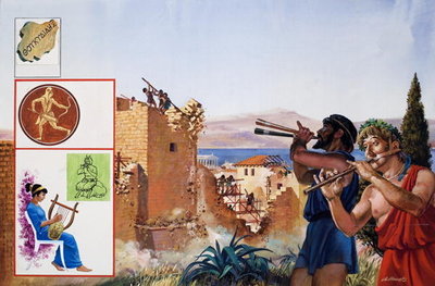 Fine Art Print of Relieved to have peace at last, the defeated Athenians set to work to demolish their defensive walls to the accompaniment of flutes, 1981 by Andrew Howat