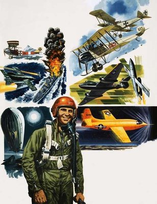Fine Art Print of Unidentified pilot against a montage of aircraft by English School