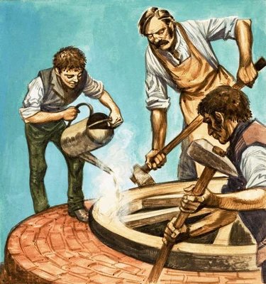 Fine Art Print of Once Upon a Time... village life one hundred years ago. Wheelwrights putting the iron rim on a wheel by Peter Jackson