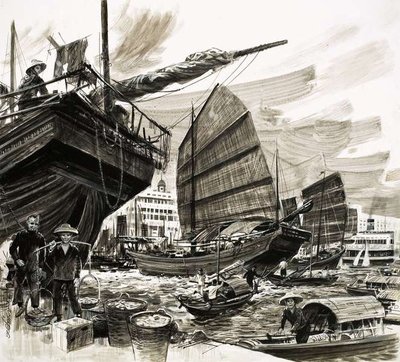 Fine Art Print of Unidentified scene of Chinese boats in harbour by William Francis Phillipps