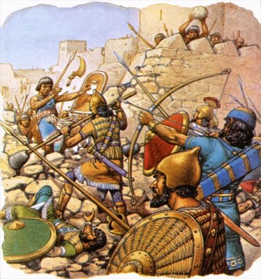 Fine Art Print of Ruthless Assyrian 'sappers' attacking giant walls with hammers and crowbars by Pat Nicolle
