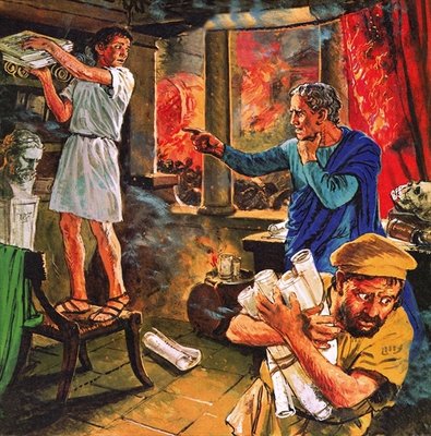 Fine Art Print of Galen trying to rescue his manuscripts during the great fire of Rome in AD 191 by Clive Uptton