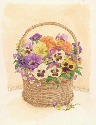 Basket of Pansies, 1998 (w/c on paper) by Linda Benton - print