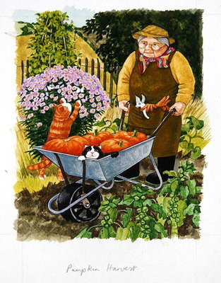 Fine Art Print of Grandma and 2 cats and pumpkin harvest by Linda Benton