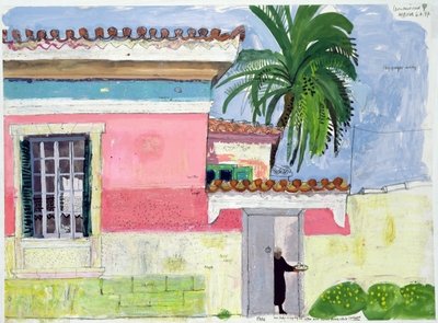 Bringing out the Ouzo, 1997 (gouache, pencil and pastel on paper) by Leon Morrocco - print