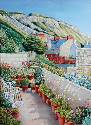 Garden Terrace and Cliff, 2002 (oil on board) by Liz Wright - print