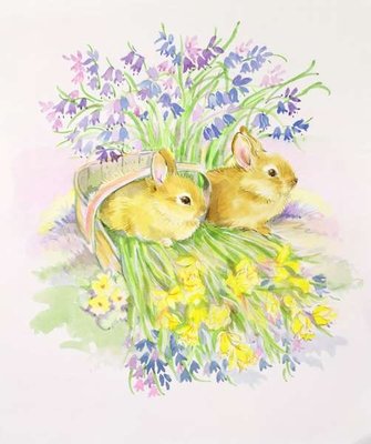 Rabbits in a basket with Daffodils and Bluebells by Diane Matthes - print