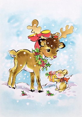 Christmas Reindeer and Rabbit by Diane Matthes - print