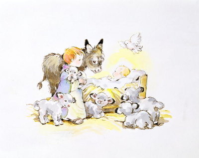 Donkey and Lambs Around a Manger by Diane Matthes - print