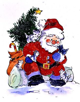 Father Christmas and Kittens, 1996 (w/c) by Diane Matthes - print