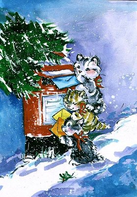 Kittens Posting Christmas Cards, 1996 (w/c) by Diane Matthes - print