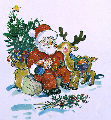 Father Christmas and Rudolph the Reindeer, 1996 (w/c) by Diane Matthes - print