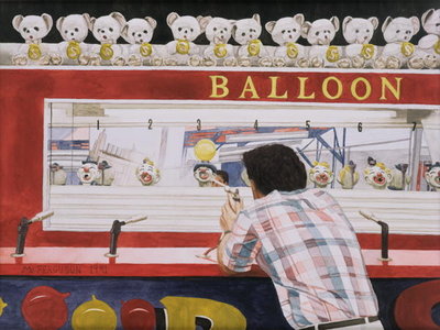 Ken versus the Balloon, 1990 (w/c on paper) by Max Ferguson - print