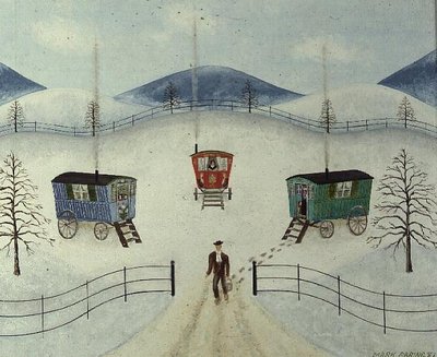 Gypsy Caravans in the Snow, 1981 (oil on board) by Mark Baring - print