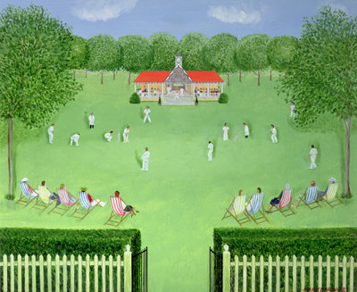 The Cricket Match, 1981 (oil on board) by Mark Baring - print