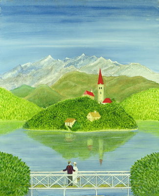 Lovers on the Bridge with Snow-capped Mountains by Mark Baring - print